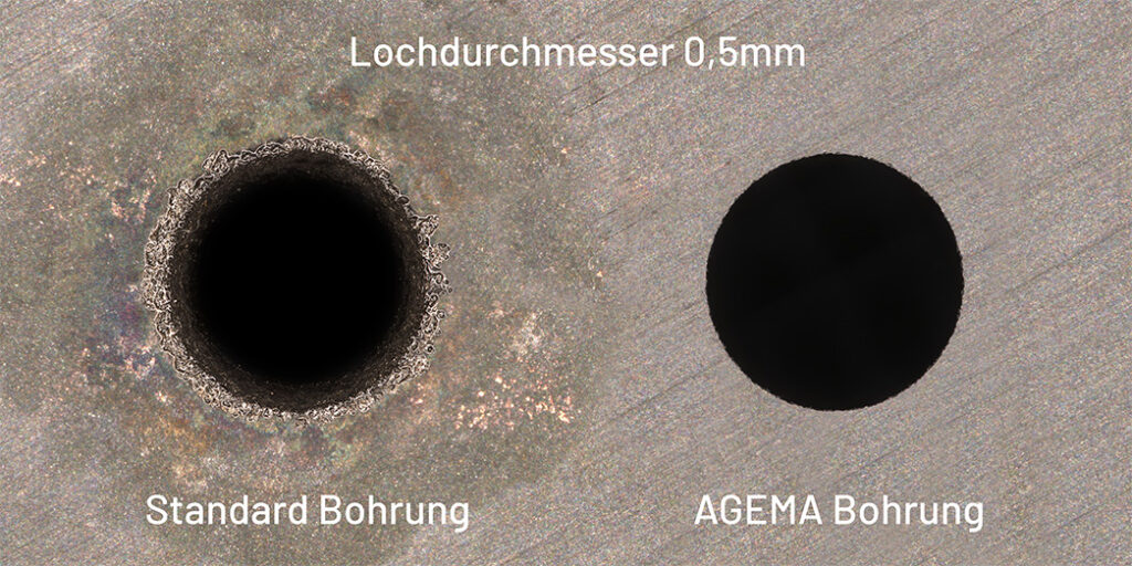 Bohrungsvergleich zwischen einer Bohrung die mit einer Maschine auf Wasserbasis erstellt wurde im Vergleich mit einer Bohrung hergestellt auf einer Agema. Die Agema Bohrung ist deutlich hochwertiger.